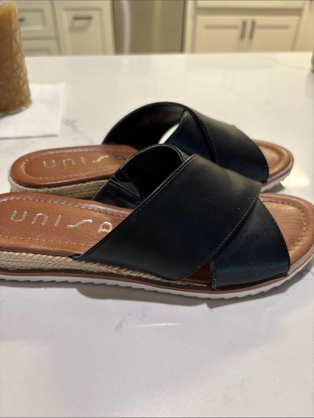 Unisa Black Cross-Band Slide Sandals with Tan Footbed - Picture 3 of 5